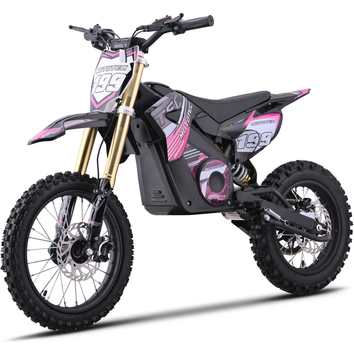 MotoTec Pro 48V 1800W electric dirt bike in pink, opposite front three-quarter view on a white background