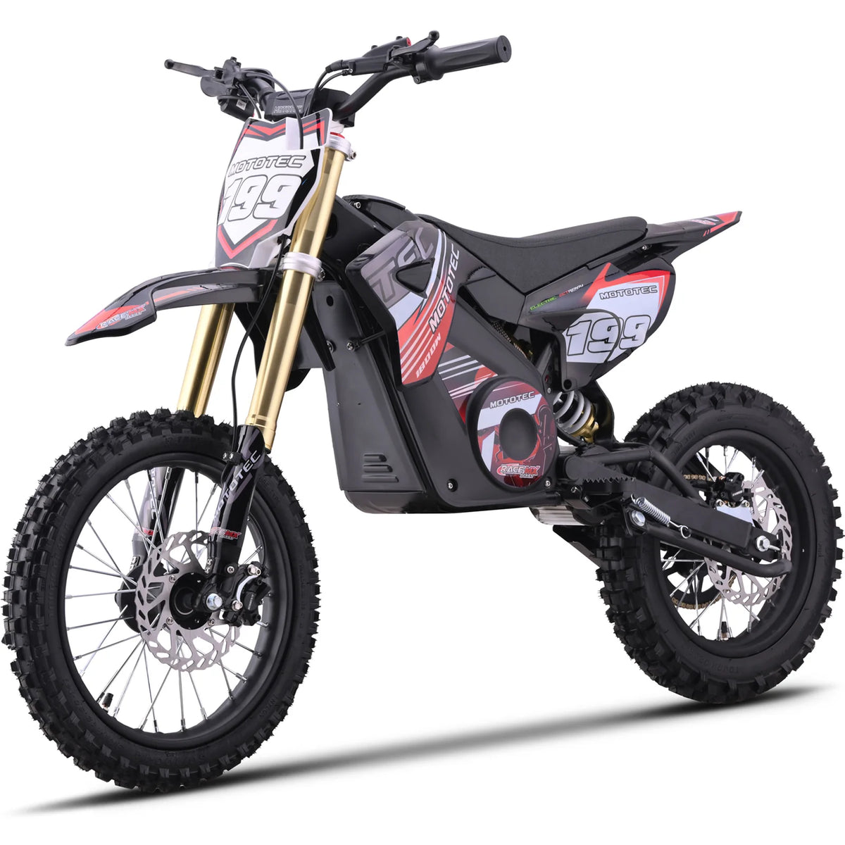 MotoTec Pro 48V 1800W electric dirt bike in red, opposite front three-quarter view on a white background