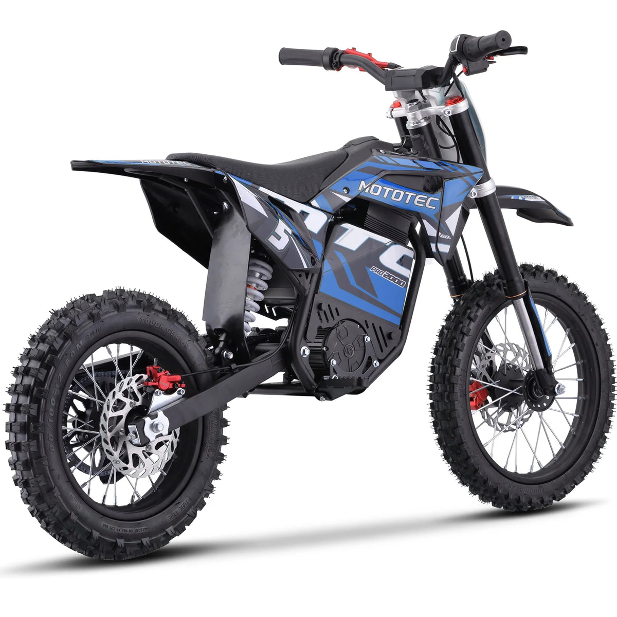 MotoTec Pro 60V 2000W electric dirt bike in blue, rear three-quarter view on a white background