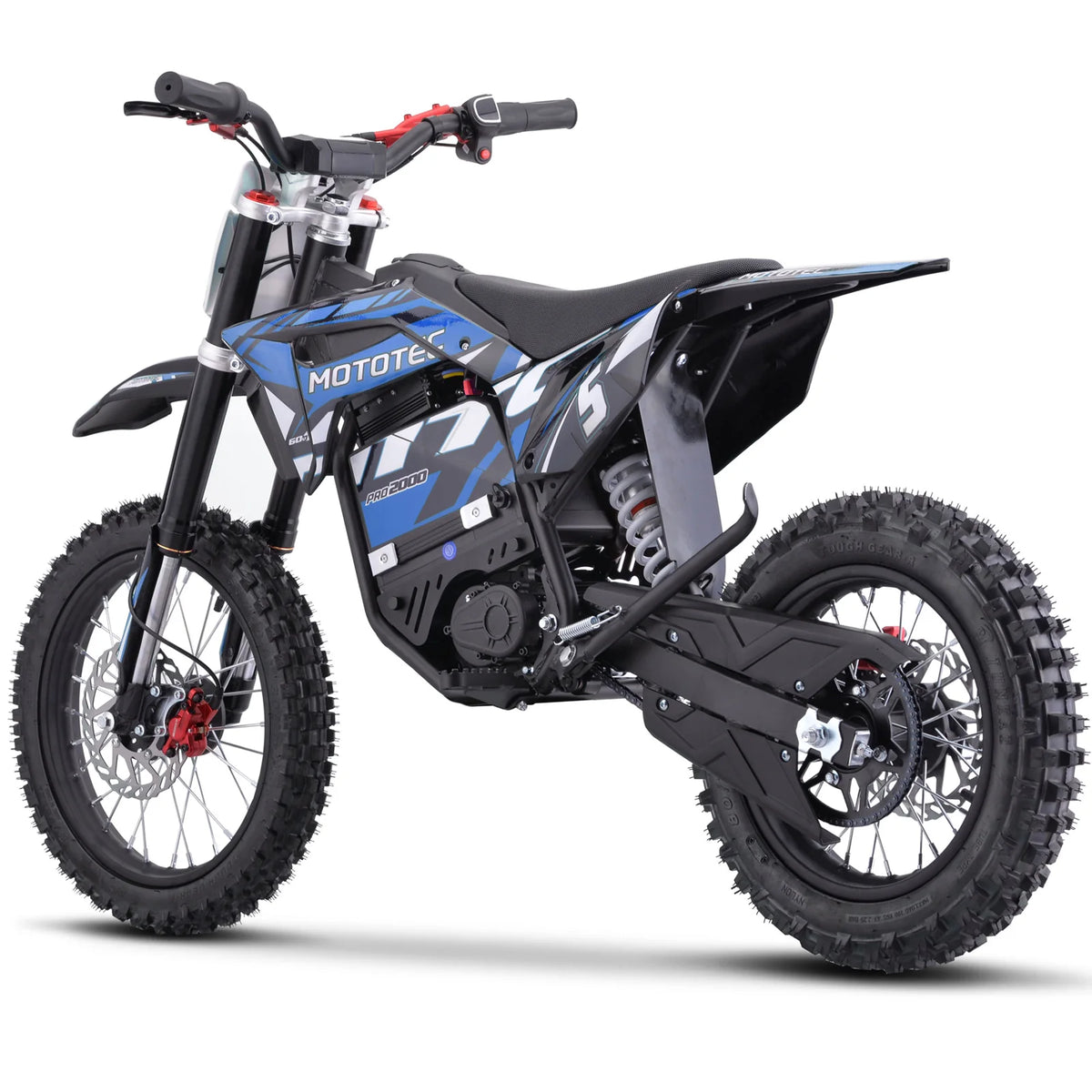 MotoTec Pro 60V 2000W electric dirt bike in blue, opposite rear three-quarter view on a white background