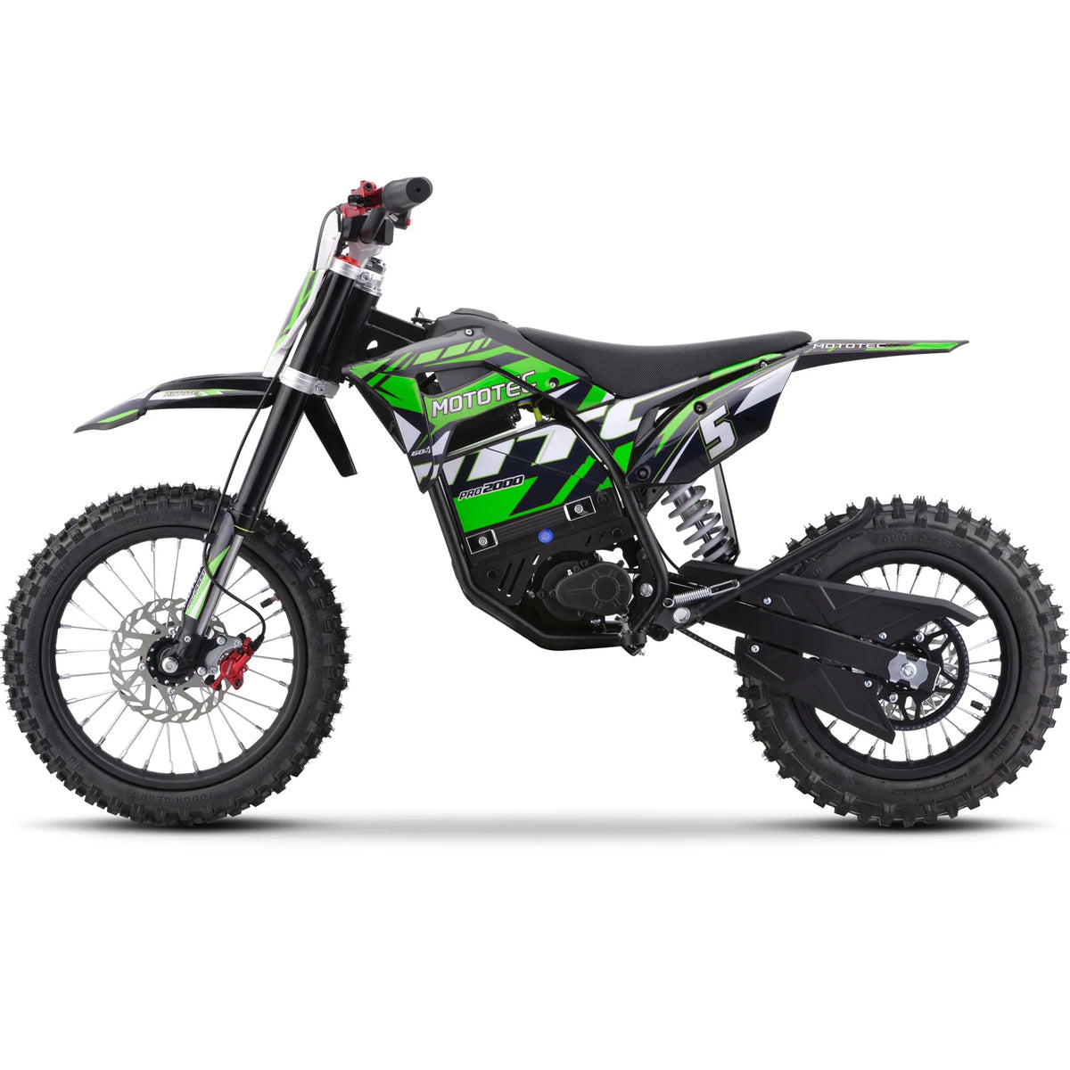 MotoTec Pro 60V 2000W electric dirt bike in green, left side view on a white background