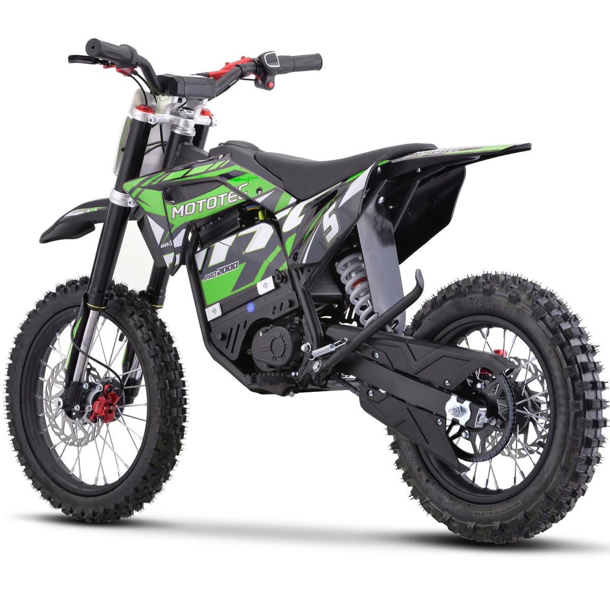 MotoTec Pro 60V 2000W electric dirt bike in green, opposite rear three-quarter view on a white background