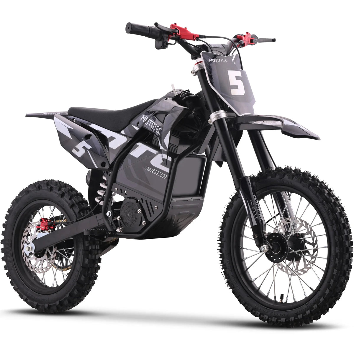 MotoTec Pro 60V 2000W electric dirt bike in grey, front three-quarter view on a white background