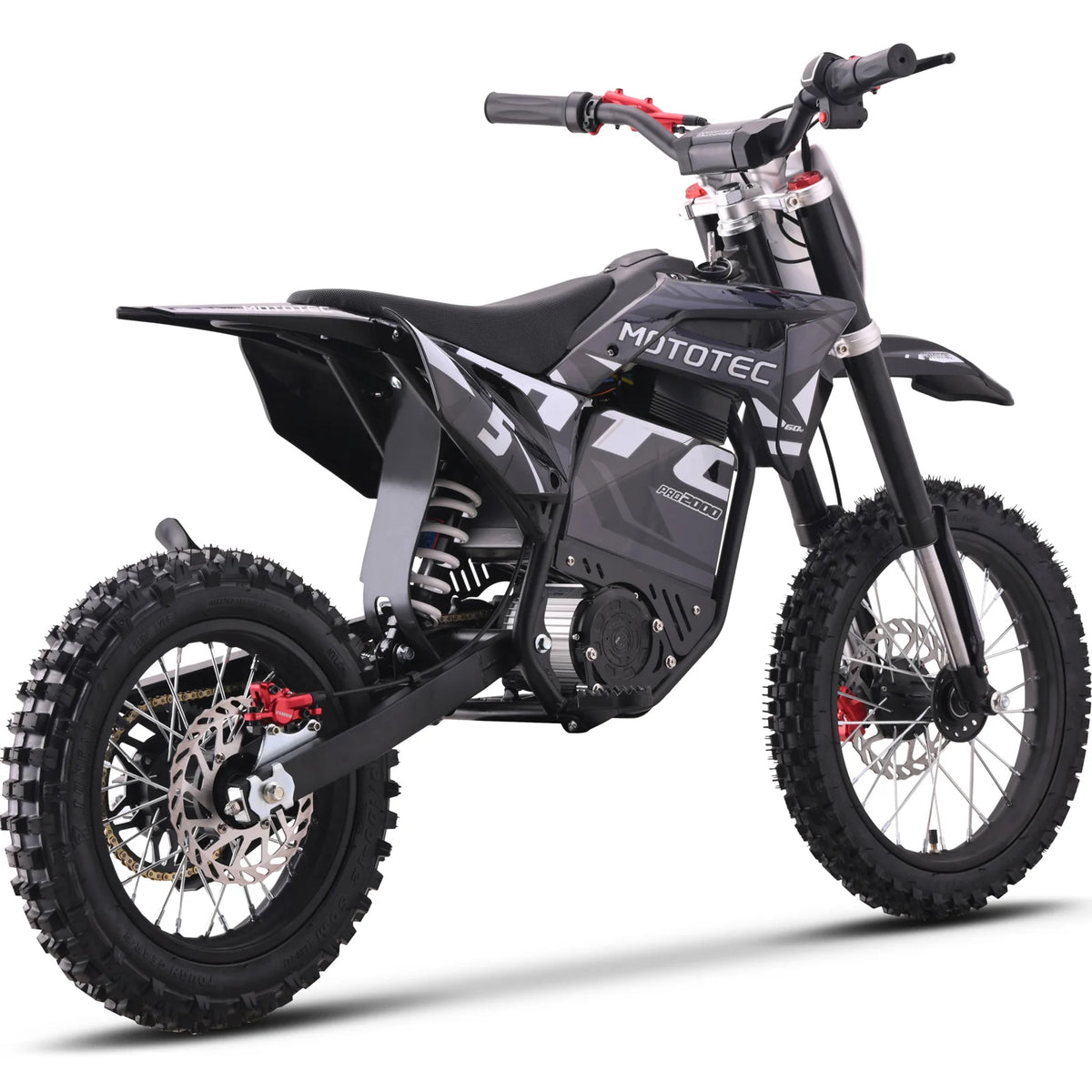 MotoTec Pro 60V 2000W electric dirt bike in grey, rear three-quarter view on a white background