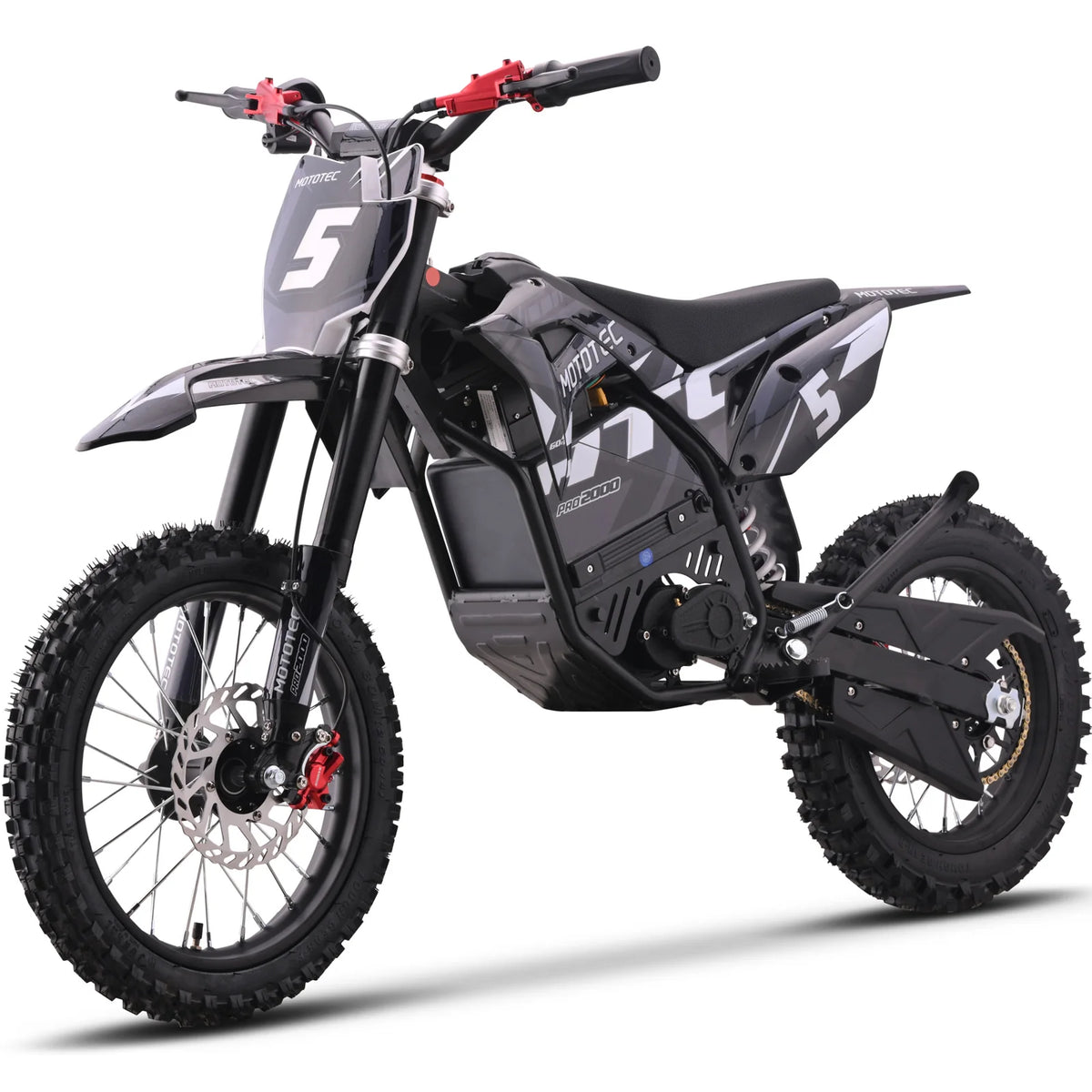 MotoTec Pro 60V 2000W electric dirt bike in grey, opposite front three-quarter view on a white background
