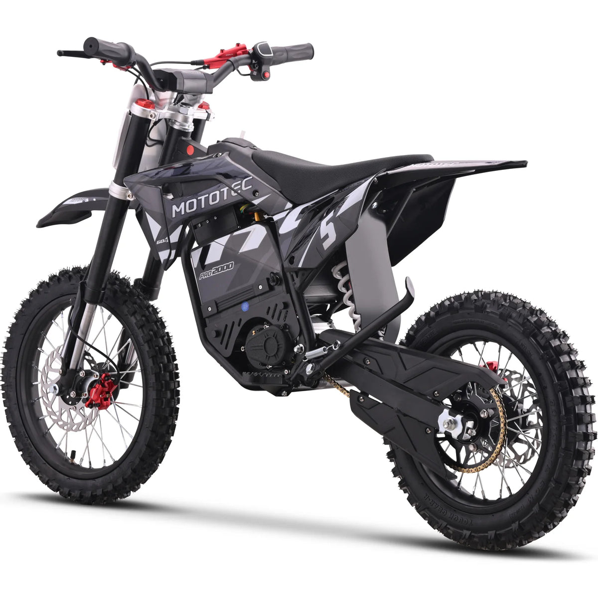 MotoTec Pro 60V 2000W electric dirt bike in grey, opposite rear three-quarter view on a white background