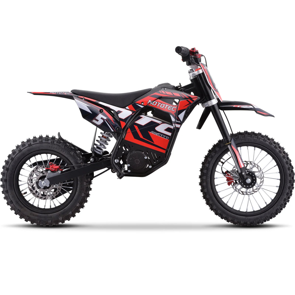 MotoTec Pro 60V 2000W electric dirt bike in red, right side view on a white background