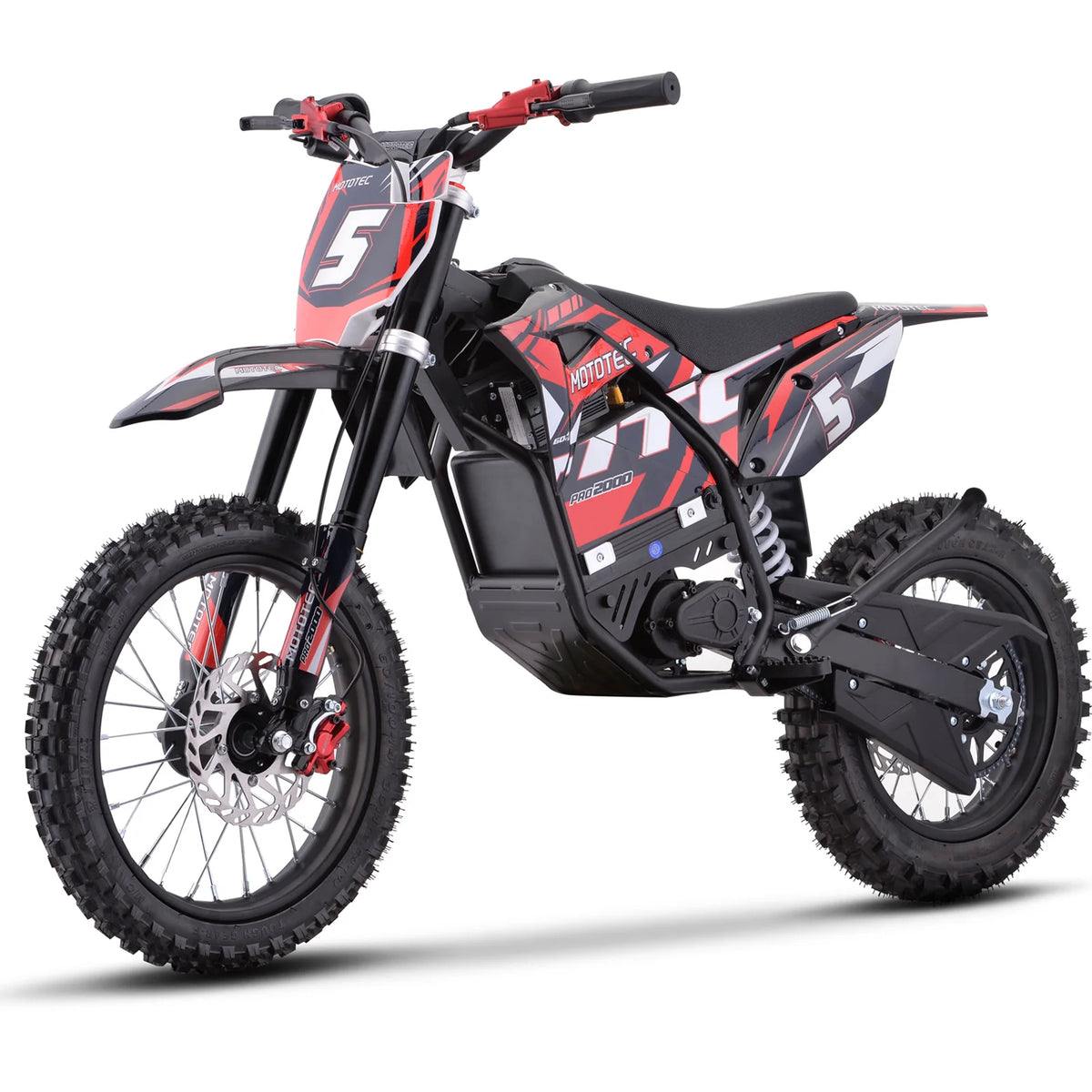MotoTec Pro 60V 2000W electric dirt bike in red, opposite front three-quarter view on a white background