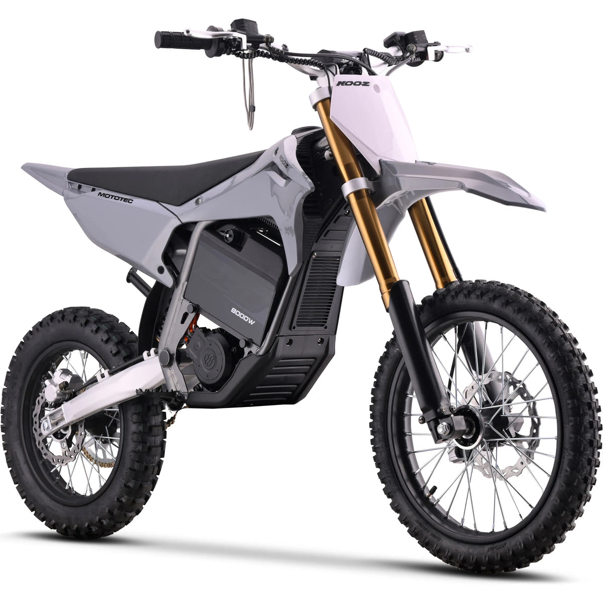 MotoTec Pro 72V 8000W 17/14 electric dirt bike in grey, front three-quarter view