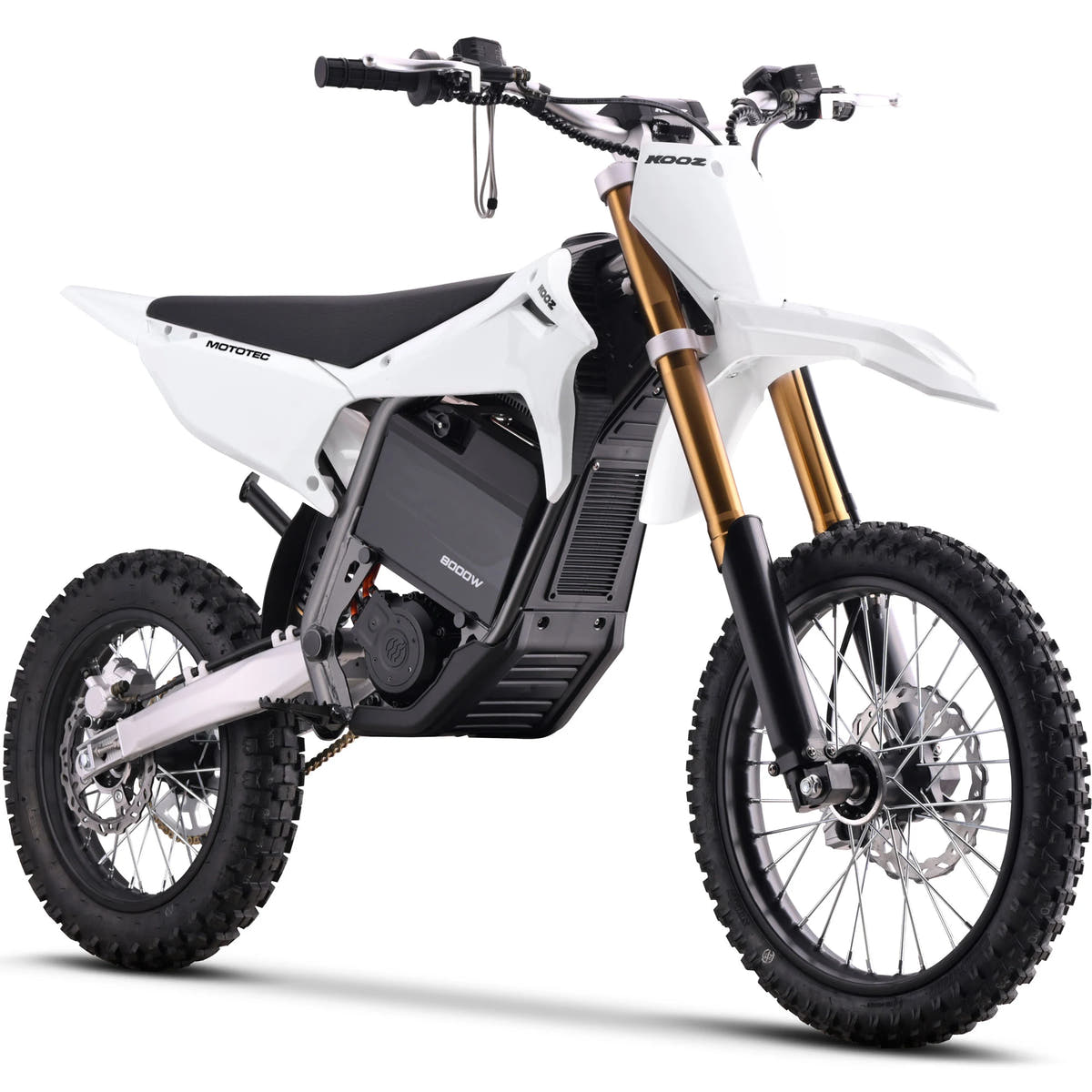 MotoTec Pro 72V 8000W 17/14 electric dirt bike in white, front three-quarter view