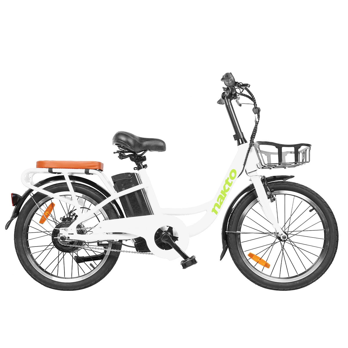 White NAKTO Pony 20-inch step-through electric bike, side view with front basket and rear rack