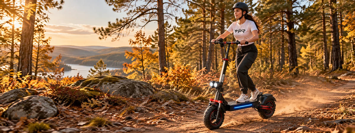 A helmeted rider wearing a white Punk Ride logo T-shirt rides the ISCOOTER iX5S Electric Scooter in an autumn setting. Desktop collection banner.