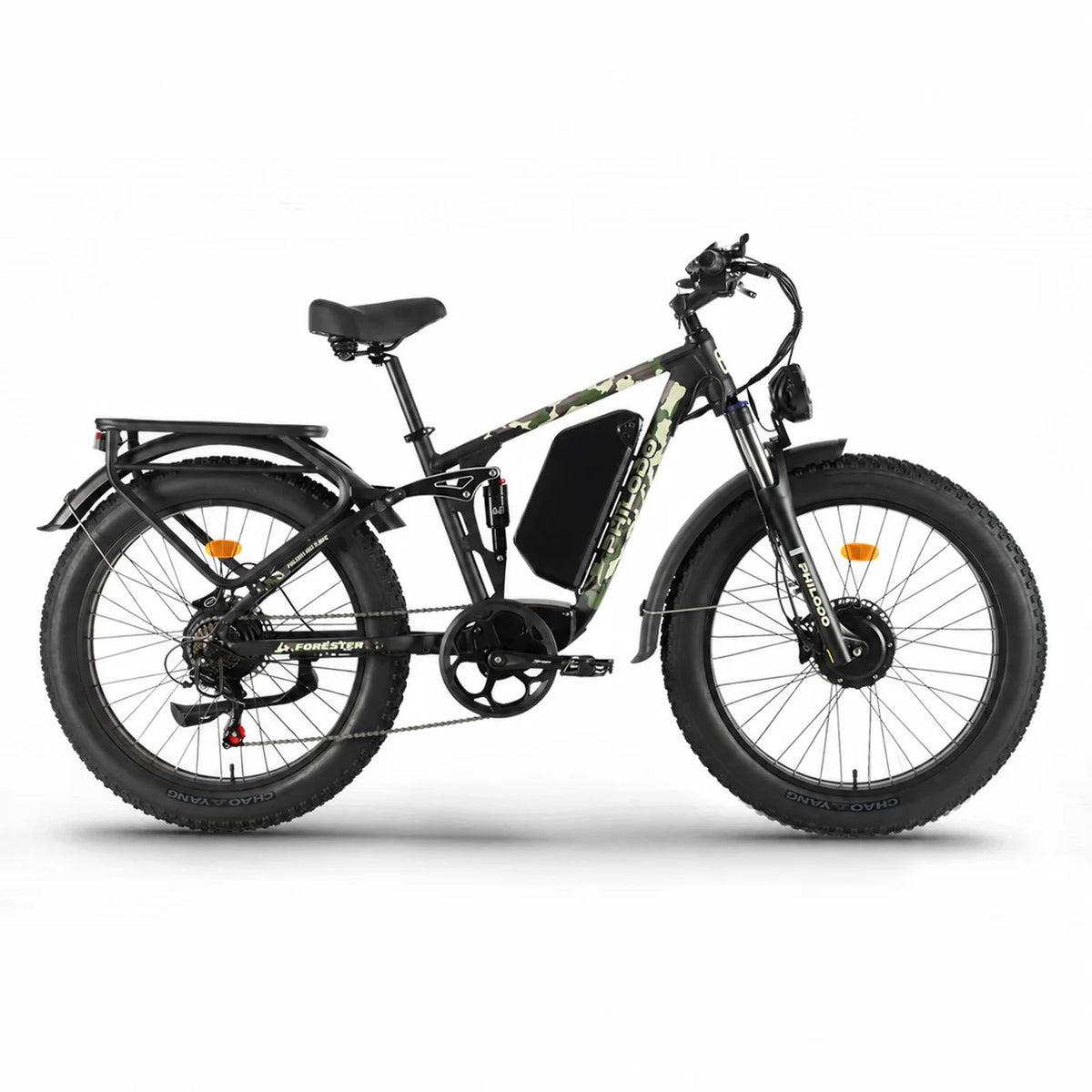 PHILODO Forester Green electric fat-tire bike, full side view on white