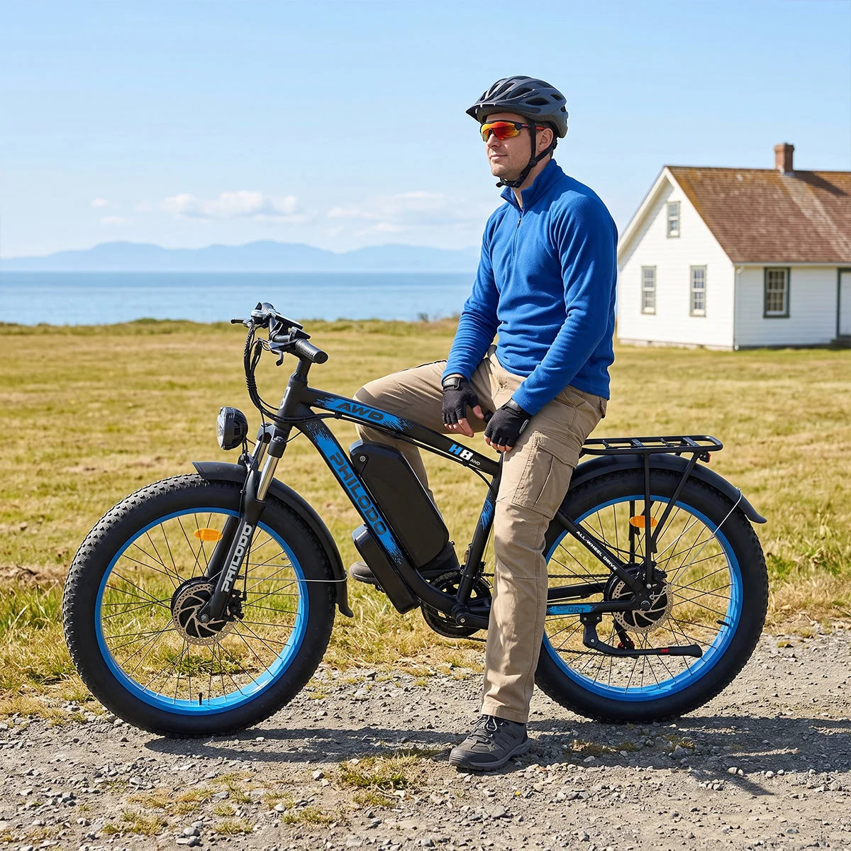 Rider beside a PHILODO H8 Blue electric bike near the coast