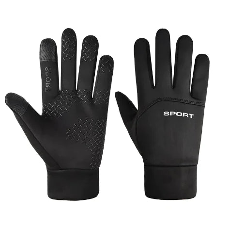Black full-finger cycling gloves, source front and palm views