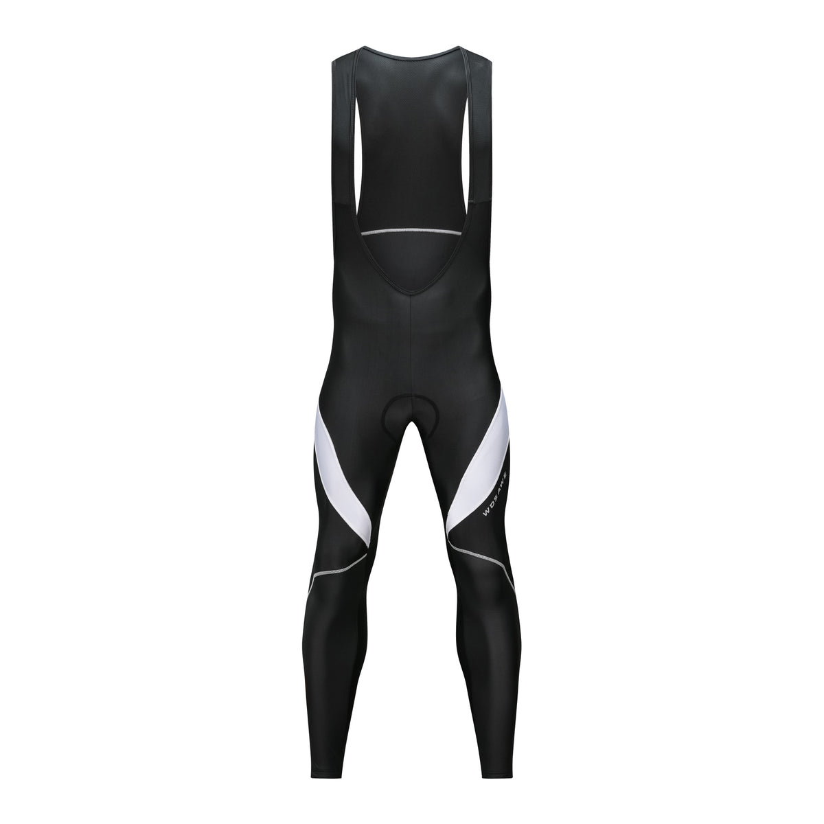 Black thermal cycling bib tights with white accents, rear view