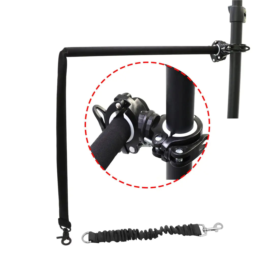 Black bicycle dog lead attachment with rigid arm, clamp and elasticated lead