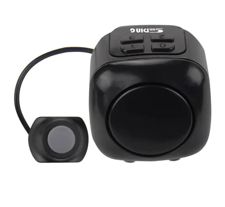 Black four-button bicycle horn and alarm with wired thumb switch