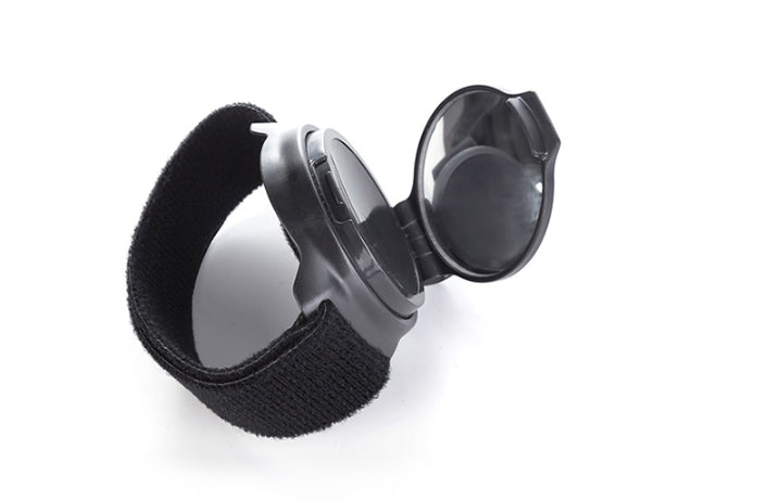 Single Black wrist-mounted cycling mirror opened, with fabric strap