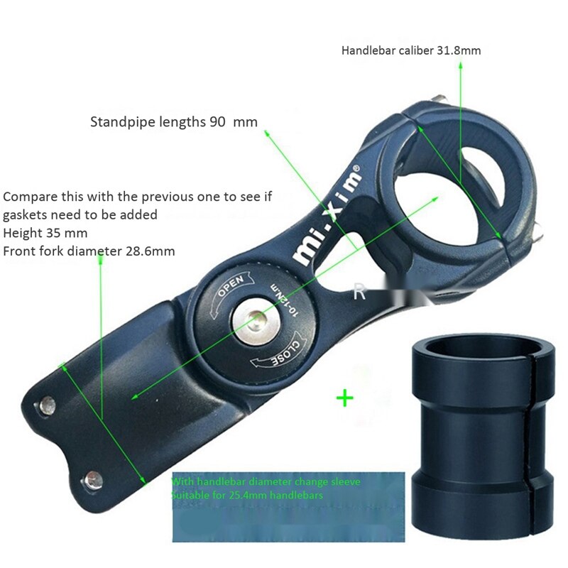 Supplier fitting diagram for the 90 mm adjustable stem: 31.8 mm handlebar clamp and 28.6 mm fork steerer