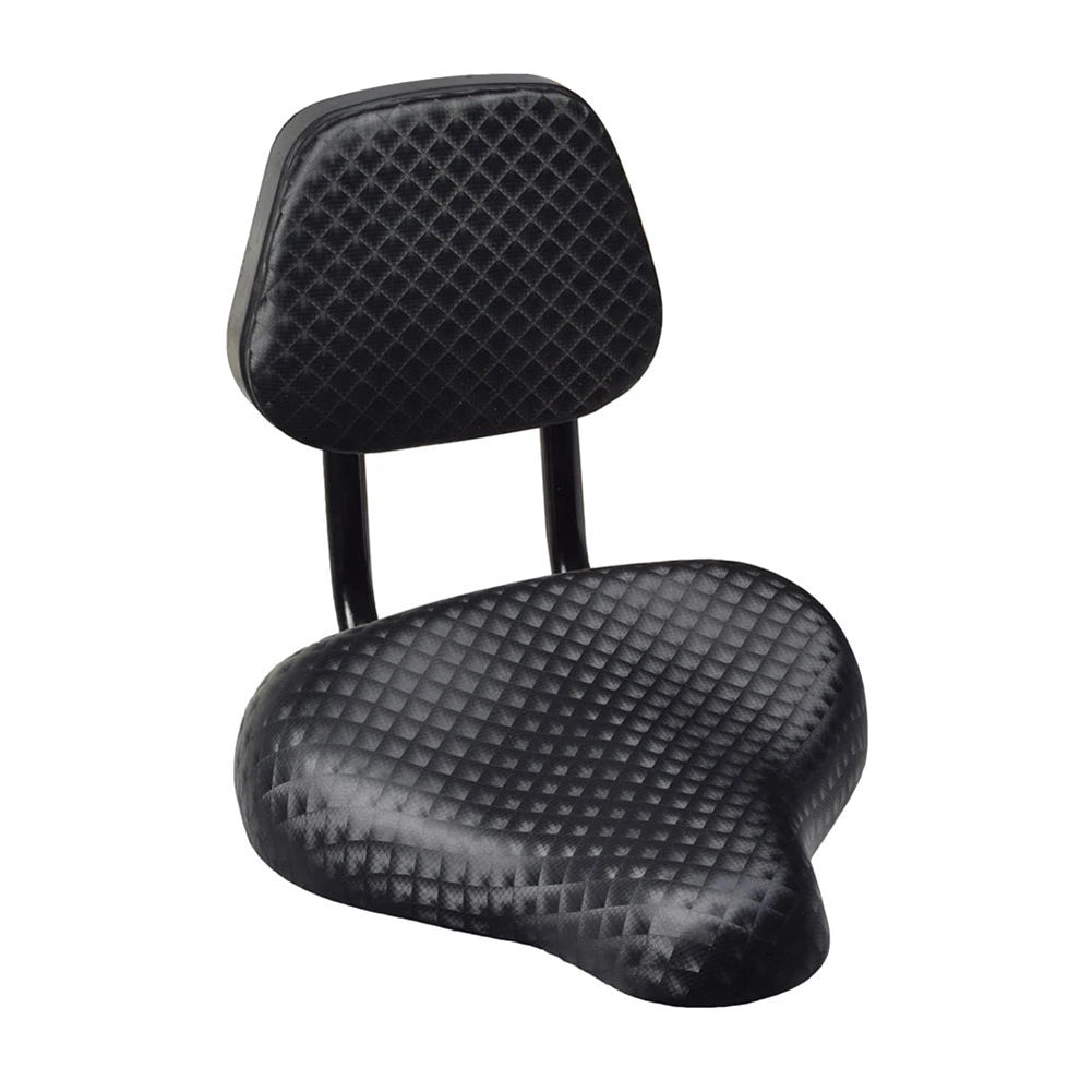 Black bicycle saddle with backrest, front view on white