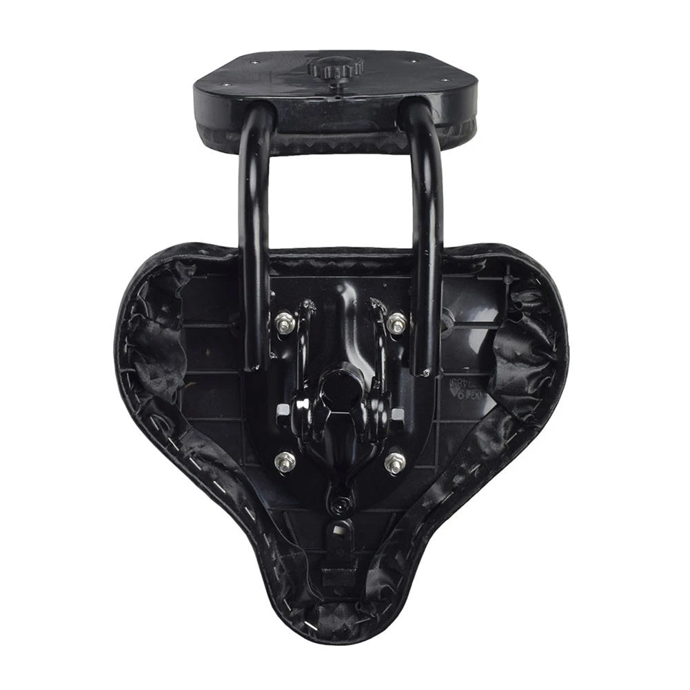 Underside of black bicycle saddle showing the mounting assembly