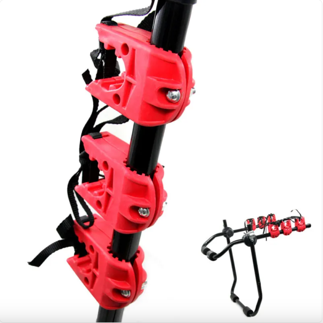 Supplier detail of red carrier cradles and retaining straps; not a load-rating reference