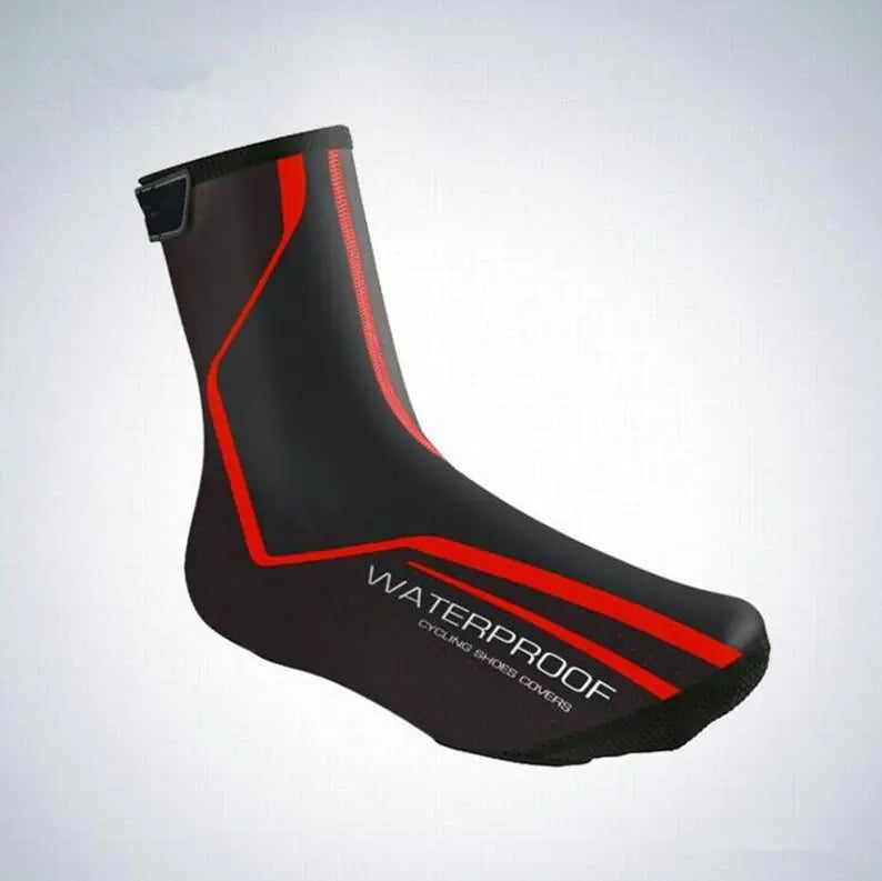 Black cycling shoe covers with red trim