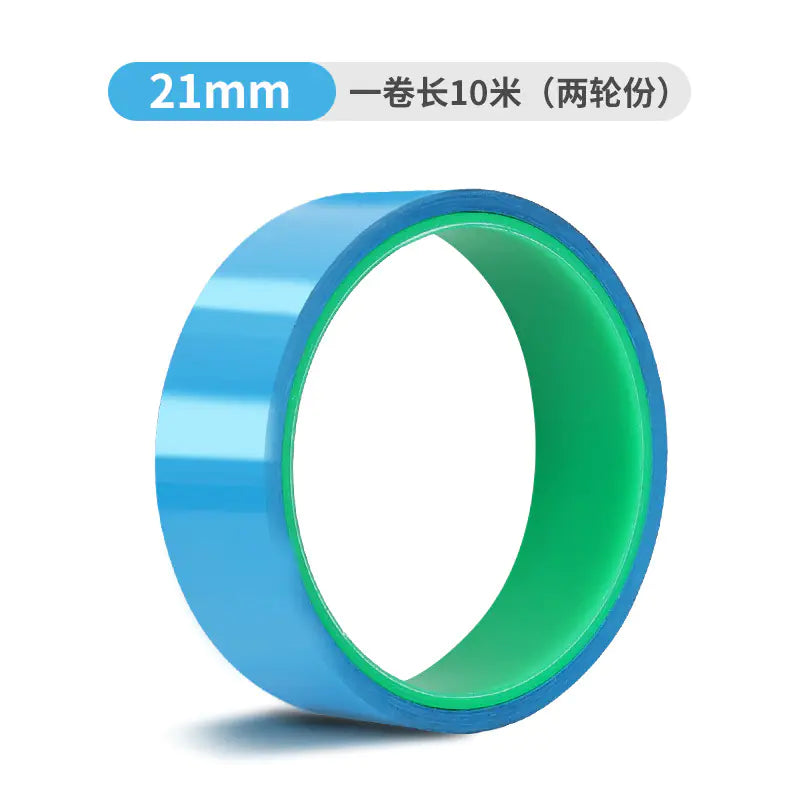 Supplier-labelled 21 mm × 10 m bicycle rim tape roll; blue tape with green core