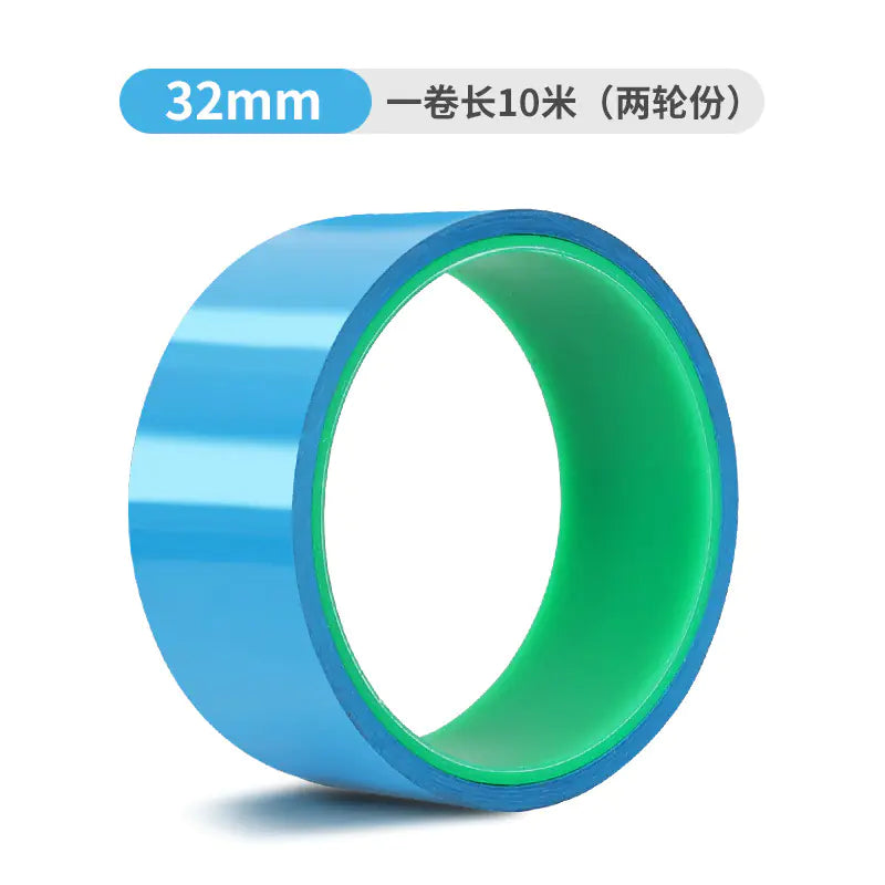 Supplier-labelled 32 mm × 10 m bicycle rim tape roll; blue tape with green core