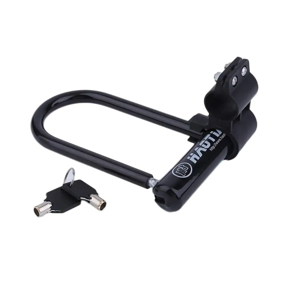 Exact supplier photo for plum-blossom-key U-lock option: black lock with keys and carrying bracket shown; contents require confirmation