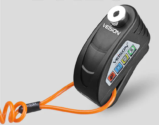Black VEISON alarm disc lock supplier reference; displayed disc and reminder cable illustrate use