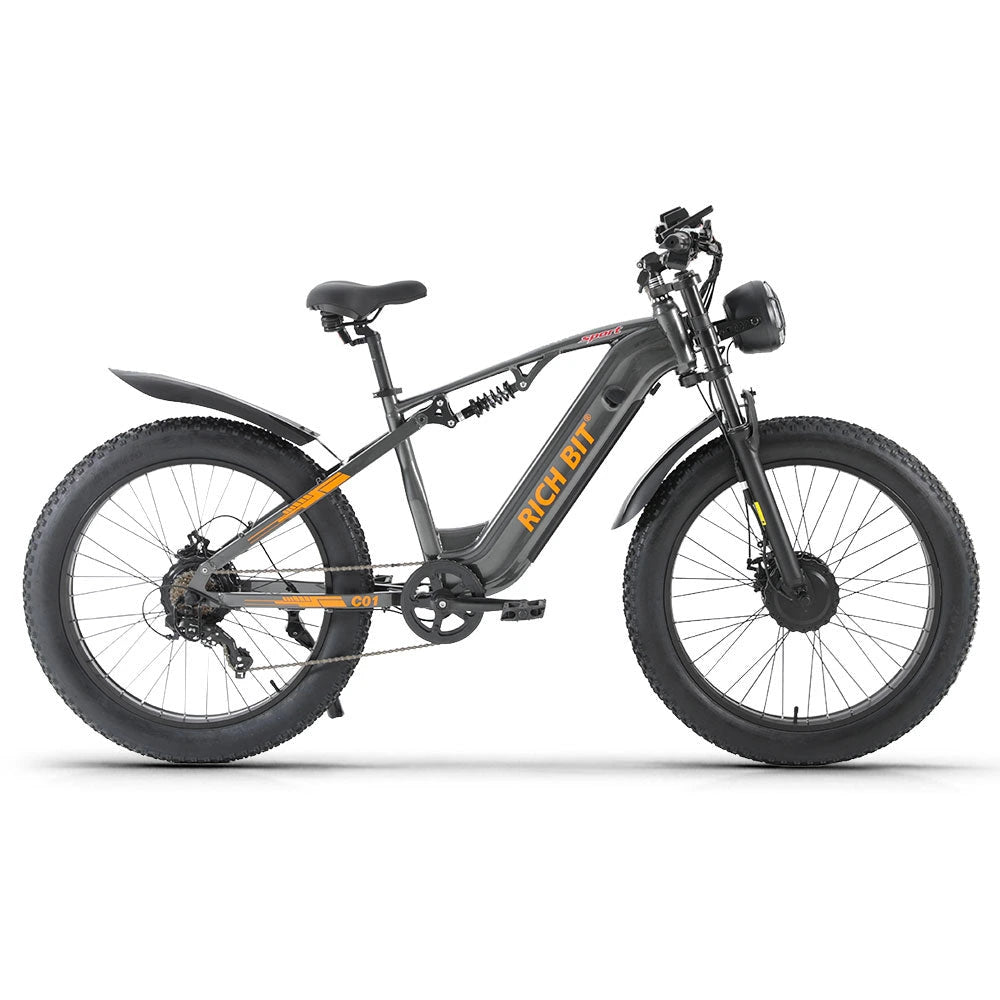 Black and yellow RICH BIT C01 dual-motor electric bike in side view with 26-inch fat tyres and front and rear suspension