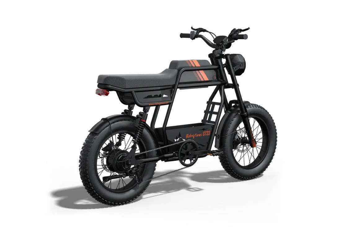 Riding Times GT33 single-battery electric cargo bike, rear three-quarter view on white