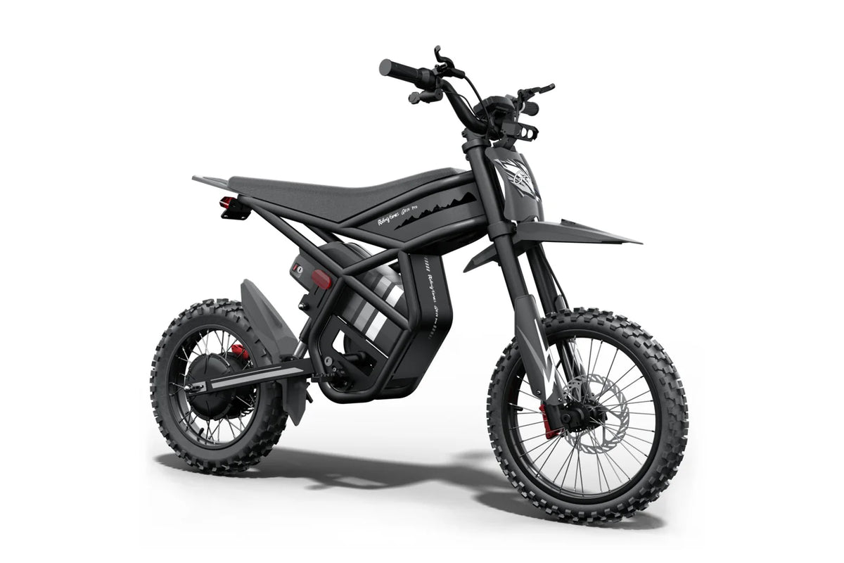 Riding Times GT54 Pro black electric dirt bike, front three-quarter view on white
