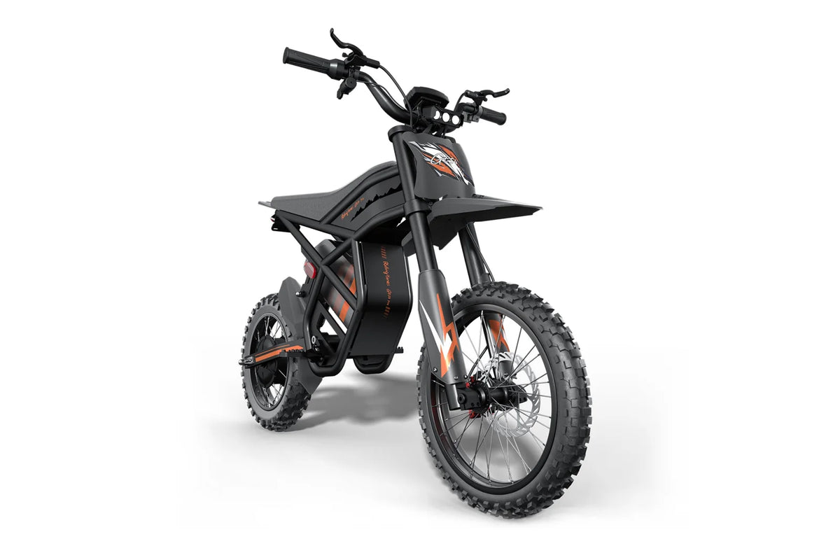 Riding Times GT54 Pro black electric dirt bike, front view on white