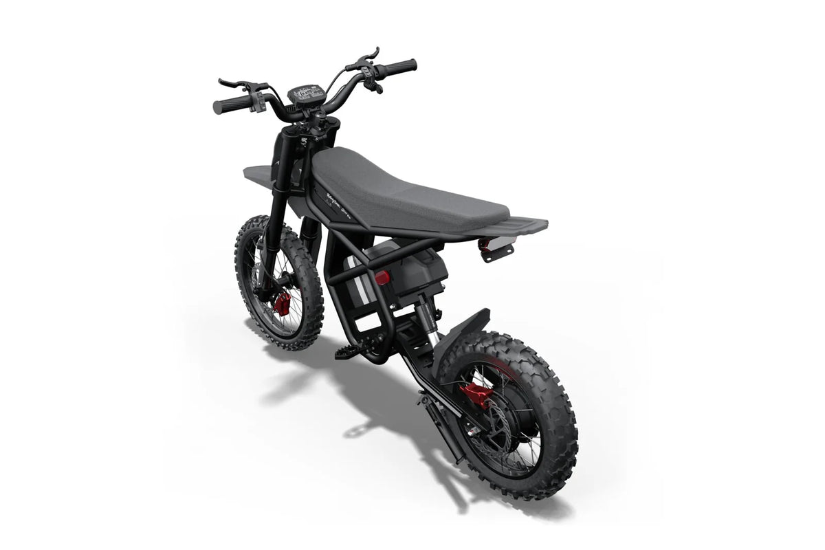 Riding Times GT54 Pro black electric dirt bike, rear three-quarter view on white