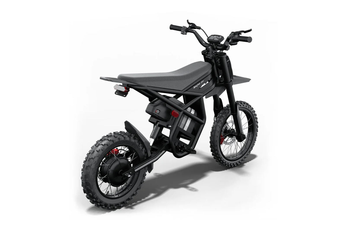 Riding Times GT54 Pro black electric dirt bike, opposite rear three-quarter view on white