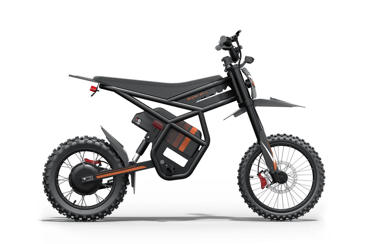 Riding Times GT54 Pro black electric dirt bike, rear-side view on white