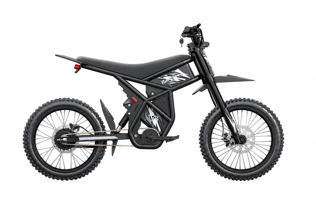 Riding Times GT73 black electric bike, full side view on a white background