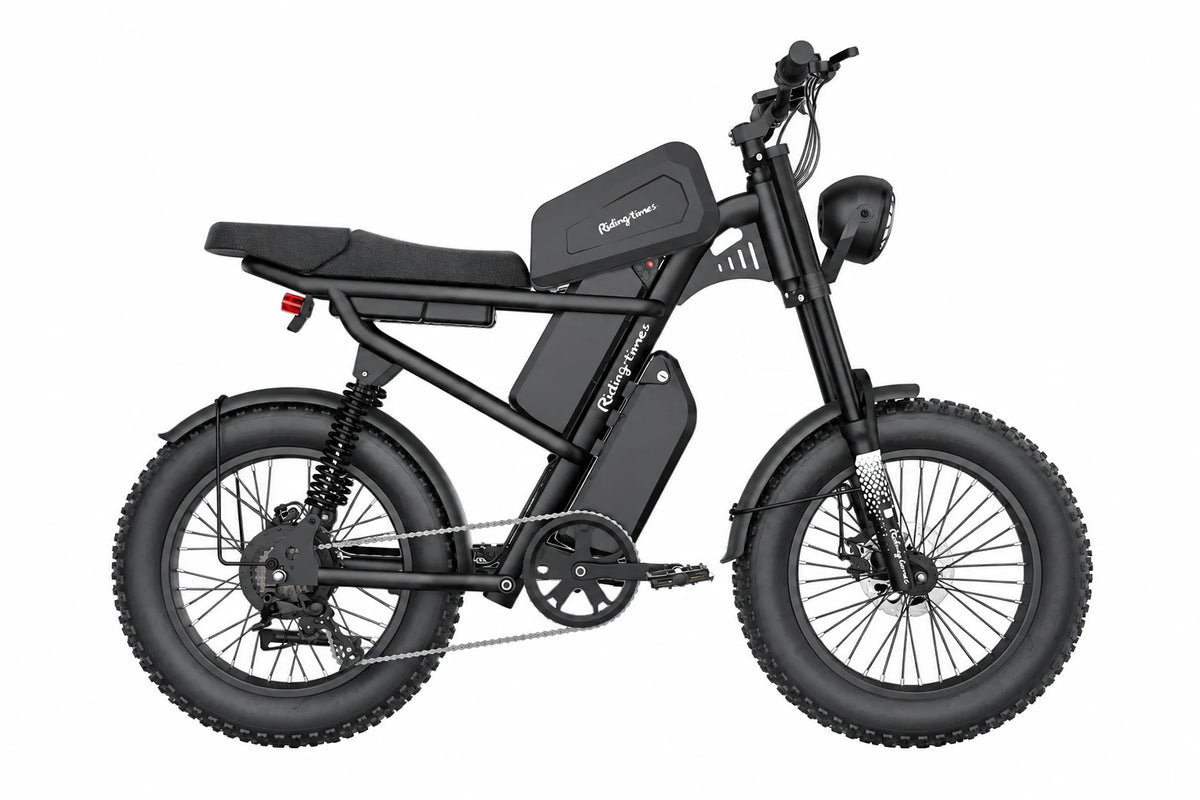 Riding Times Z8 Pro black fat-tyre electric bike, full side view on a white background