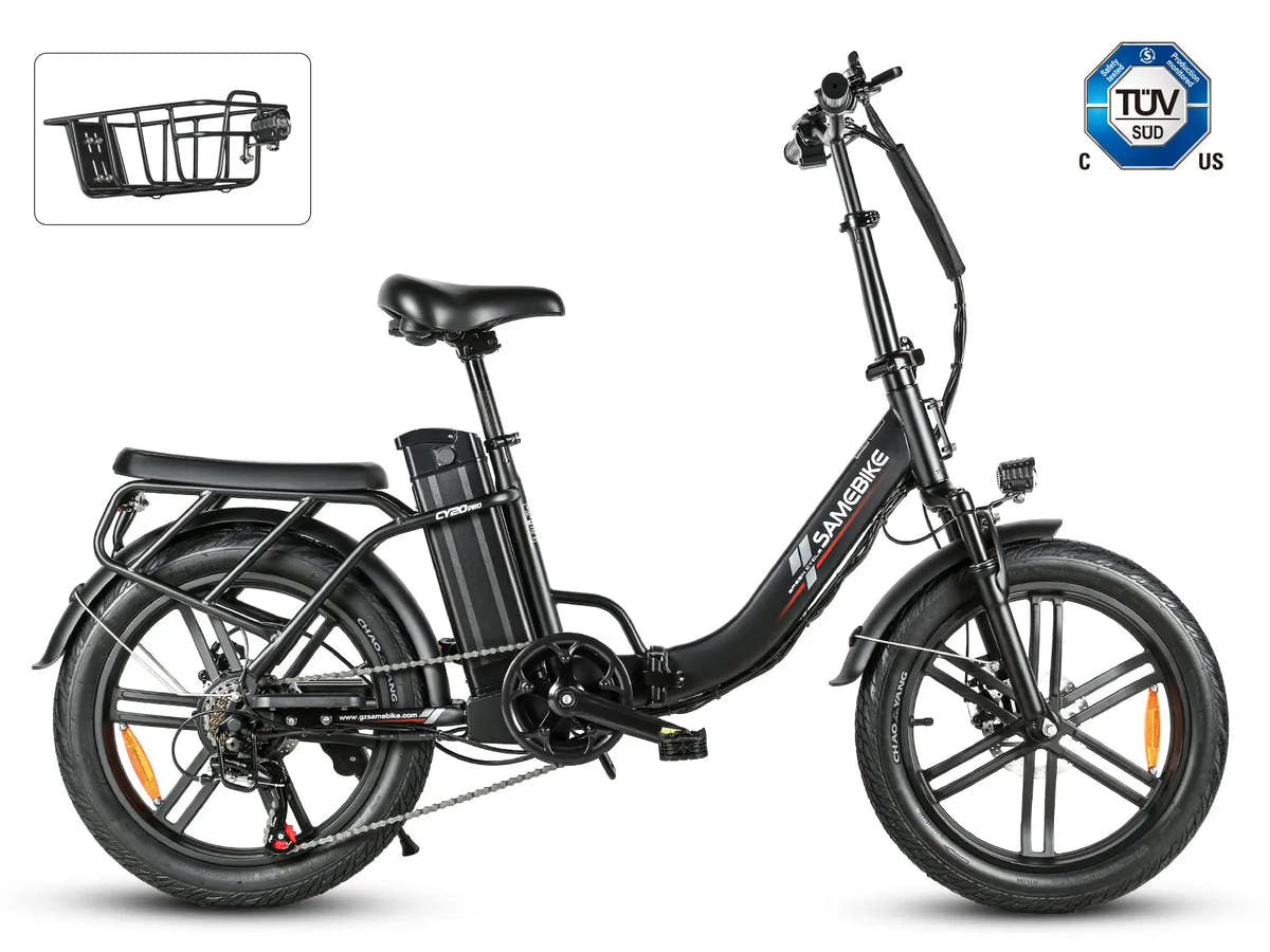 Black SAMEBIKE CY20 Pro folding electric bike with rear rack and front basket
