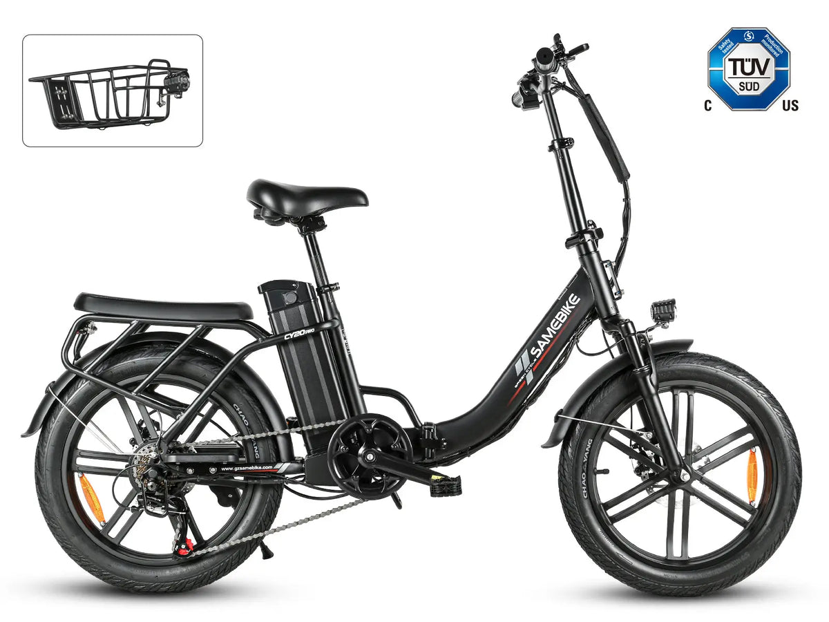 Black SAMEBIKE CY20 Pro folding electric bike with rear rack and front basket