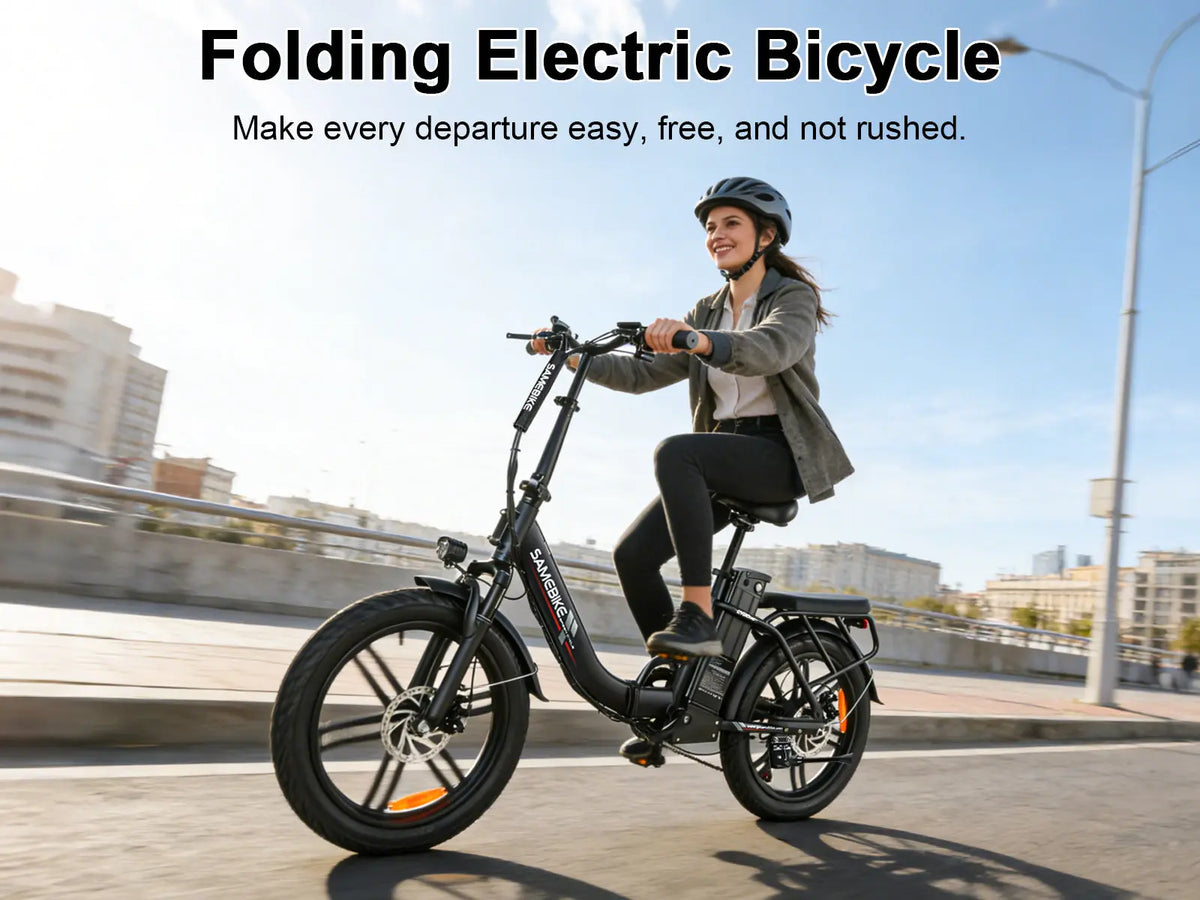 Rider demonstrating the folding SAMEBIKE CY20 Pro electric bike