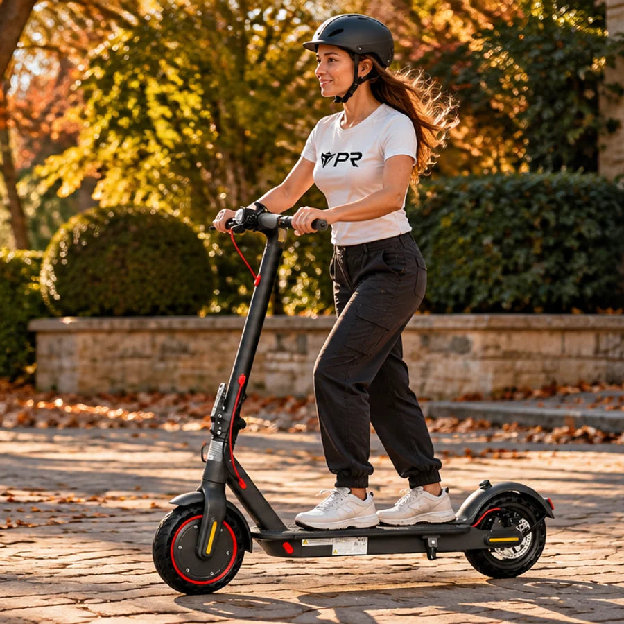 A helmeted rider wearing a white Punk Ride logo T-shirt rides the AOVOPRO ES80 Electric Scooter in an autumn setting. Mobile collection banner.