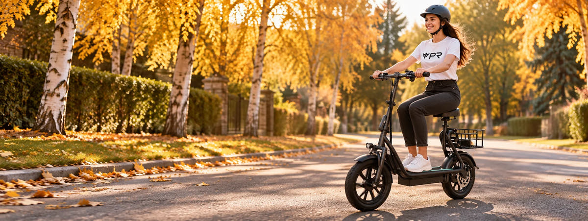 A helmeted rider wearing a white Punk Ride logo T-shirt rides the AOVOPRO ESBS Electric Scooter in an autumn setting. Desktop collection banner.