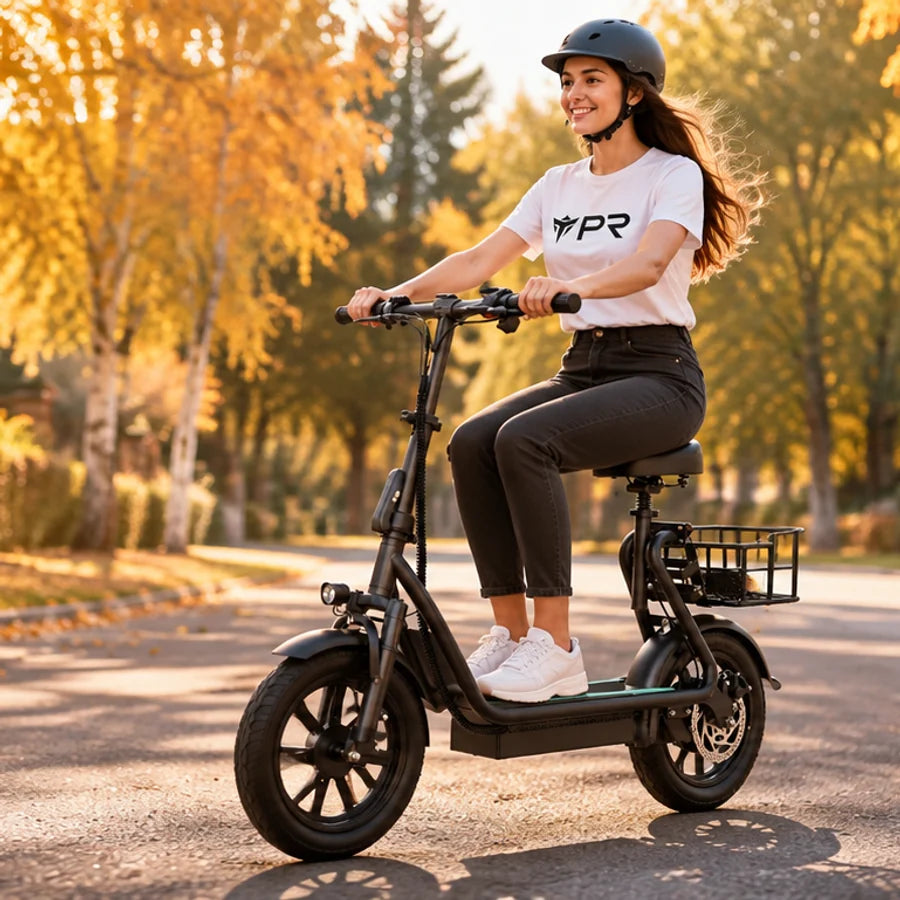 A helmeted rider wearing a white Punk Ride logo T-shirt rides the AOVOPRO ESBS Electric Scooter in an autumn setting. Mobile collection banner.