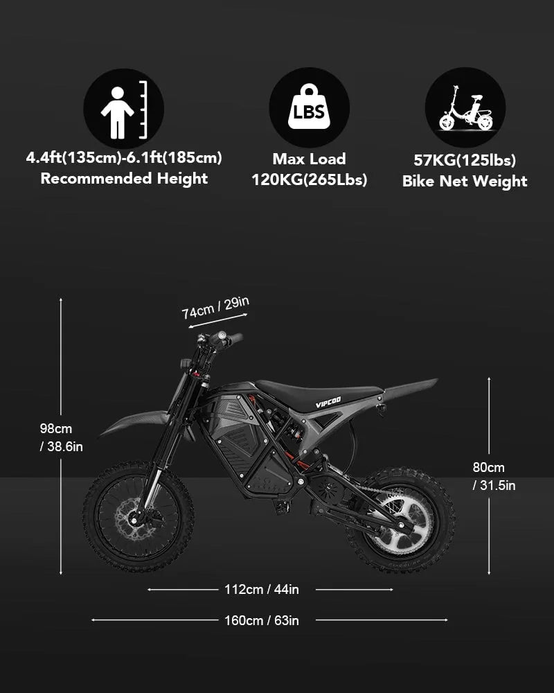 VIPCOO H3 electric dirt bike dimensions and details