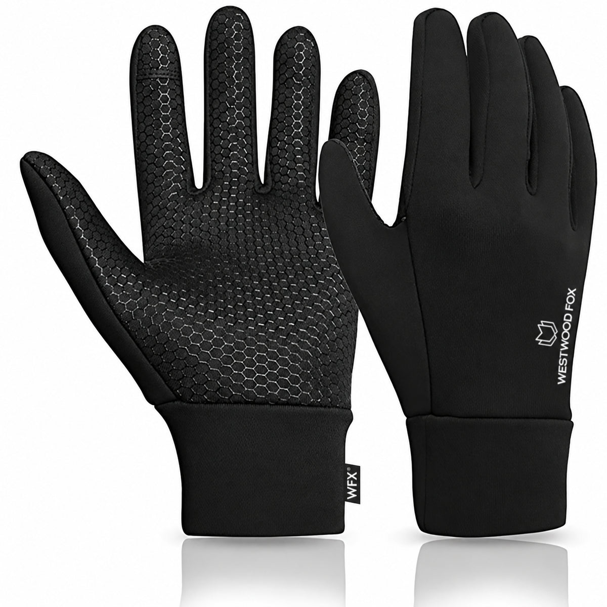 WESTWOOD FOX black full-finger gloves, palm and back views on white