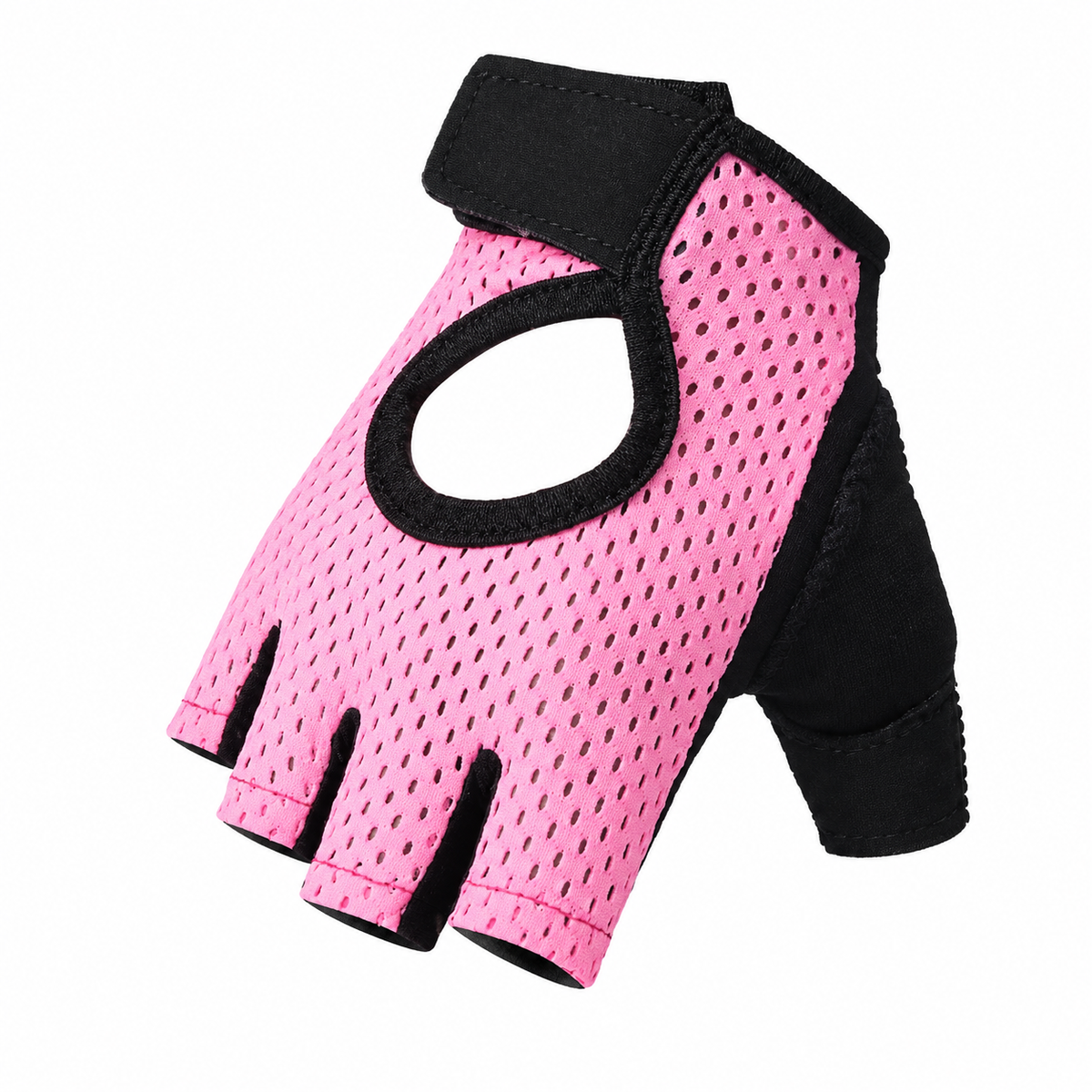Pink and black fingerless cycling glove on a white background